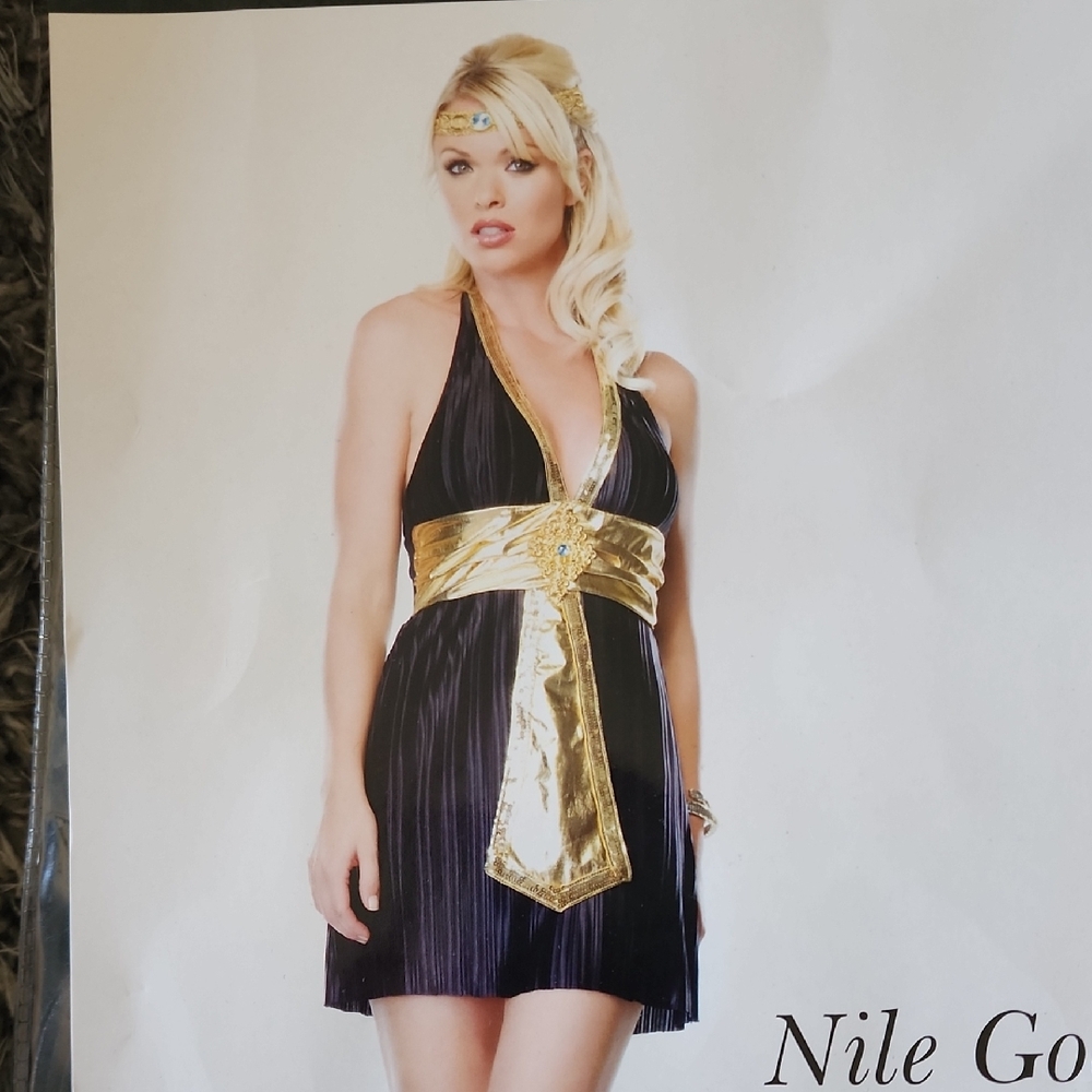 Elegant Gold and Black Egyptian Goddess Halter Dress
